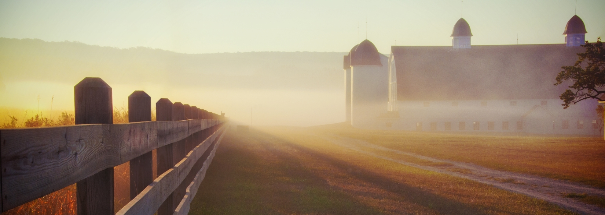 Foggy morning farm fence at sunrise